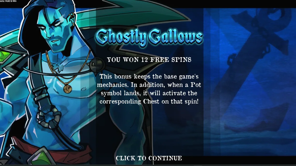 Tampilan visual slot 3 Cursed Chests: Hold & Win dengan tema bajak laut yang gelap