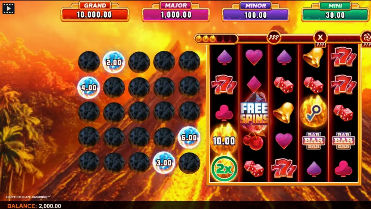 Eruption Blaze Cashingo slot machine interface with volcanic theme