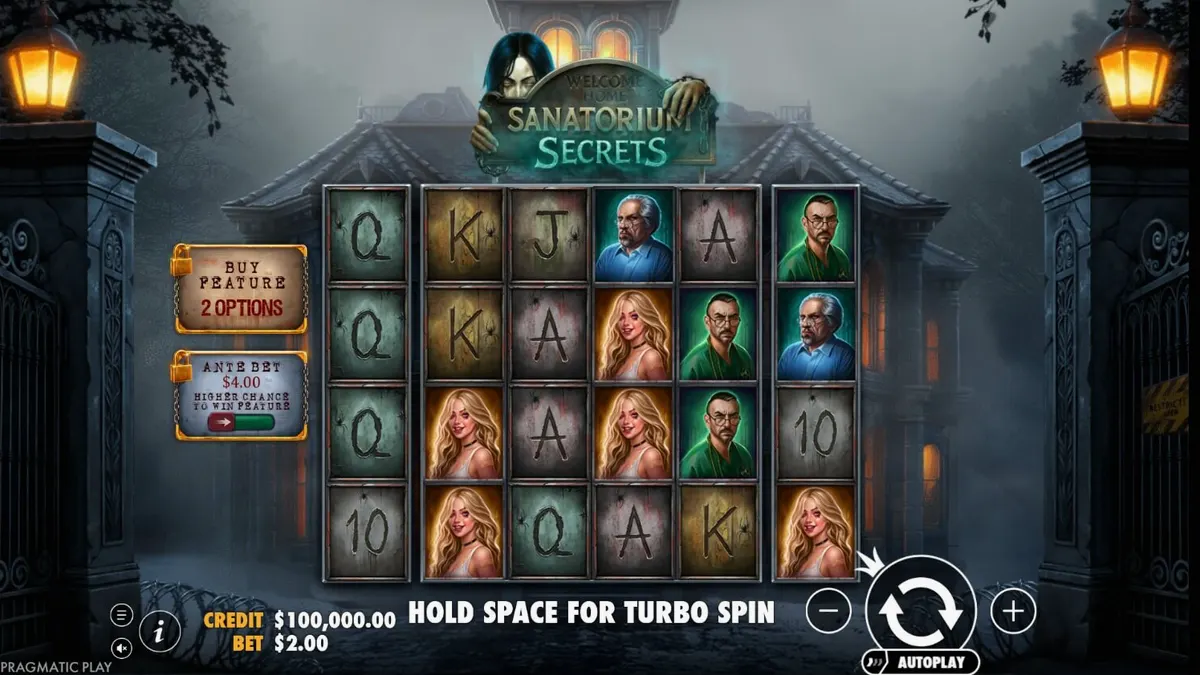 Tampilan visual slot Sanatorium Secrets yang mencekam dengan nuansa rumah sakit jiwa yang terbengkalai.